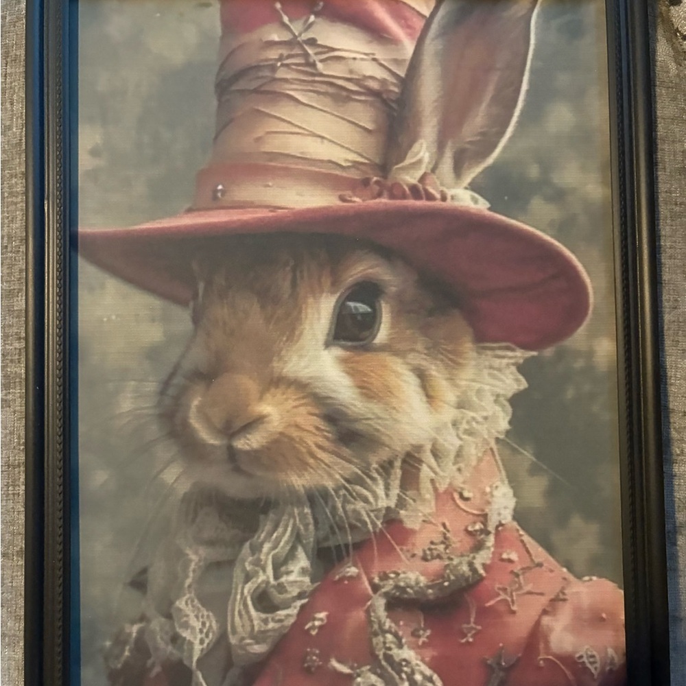 Whimsical Rabbit in Red Hat Framed Art